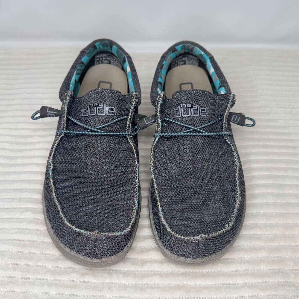 Hey Dude Wally Sox Charcoal Men's Size 9 Slip On Loafers Teal Plaid Lining - Picture 3 of 8